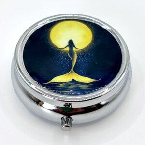 Sleek Art Deco Standing Mermaid Full Moon Purse Pill Box Secure Travel Container
